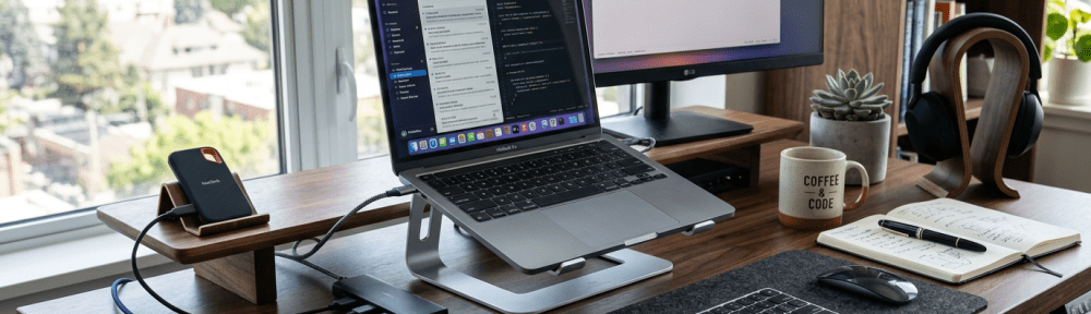 Modern desk with laptop, monitor, keyboard, phone, coffee, and coding workspace